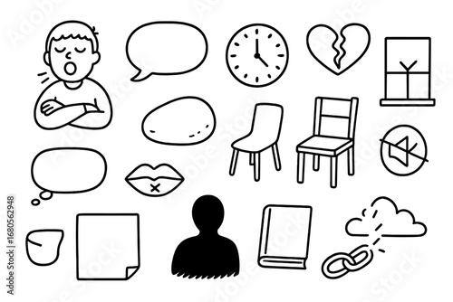 Doodle of Disinterest. Hand-drawn doodle illustration lack of interest yawning face, crossed arms, empty bubble, clock, fading