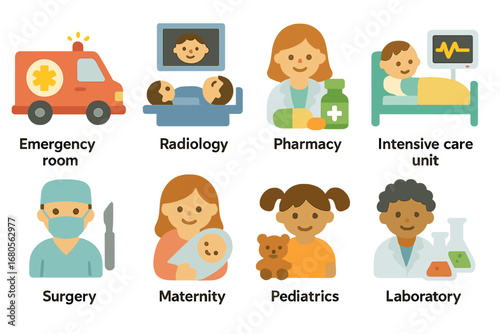 Hospital Departments Icons. Flat vector mini-illustrations hospital departments in colors children's illustrations: emergency room