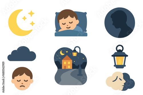 Dreamy Nighttime Icons. Flat vector mini-illustrations sadness and nighttime in colors children's illustrations: moonlight, starry