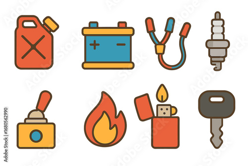 Ignition Objects Grid. Flat vector mini-illustrations ignition related objects in colors children's illustrations: fuel canister,