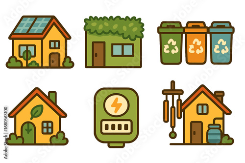 Eco-Friendly Icons Grid. Flat vector mini-illustrations green buildings in colors children's illustrations: solar roof, green wall