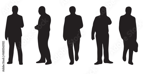 Vector Silhouettes of People, Standing and Walking Figures, Isolated on White Background