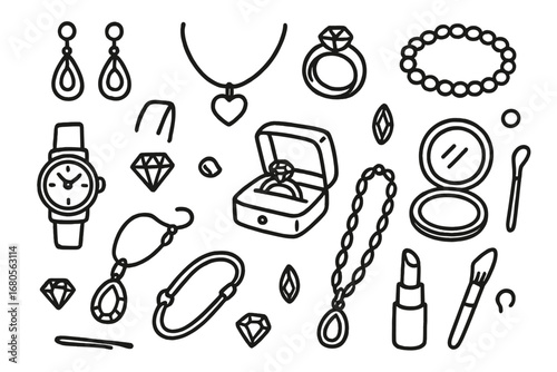 Jewelry Doodle Collection. Hand-drawn doodle illustration jewelry collection earring, necklace, ring, bracelet, watch, jewelry box