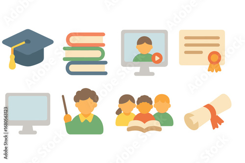 Educational Icons Grid. Flat vector mini-illustrations retraining and education in colors children's illustrations: graduation cap