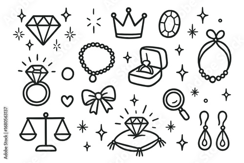 Jewelry Doodle Icons. Hand-drawn doodle illustration sparkling diamonds diamond, sparkle stars, ring, necklace, jewelry box, crown