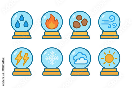 Elemental Crystal Balls. Flat vector mini-illustrations crystal ball and elements in colors children's illustrations: crystal ball