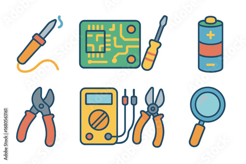 Electronics Repair Tools. Flat vector mini-illustrations electronics repair in colors children's illustrations: soldering iron,