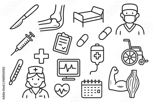 Elbow Surgery Doodles. Hand-drawn doodle illustration elbow surgery scalpel, elbow joint, hospital bed, doctor, syringe, clipboard