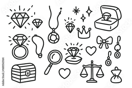 Jewelry Doodle Icons. Hand-drawn doodle illustration sparkling diamonds diamond, sparkle stars, ring, necklace, jewelry box, crown