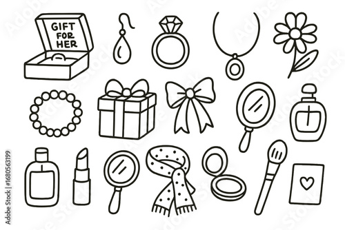 Jewelry Gift Doodle. Hand-drawn doodle illustration gift for her jewelry box, earring, ring, necklace, bracelet, gift box, ribbon,
