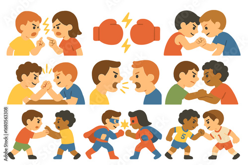 Kids' Sporty Showdown. Flat vector mini-illustrations fight scenes in colors children's illustrations: two kids arguing, boxing