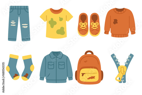 Kids' Worn Clothing Icons. Flat vector mini-illustrations kids’ clothing wear in colors children's illustrations: torn jeans,