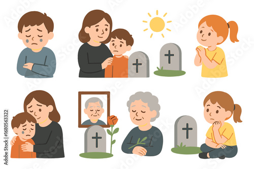 Emotional Journey Icons. Flat vector mini-illustrations emotions around death in colors children's illustrations: sadness,