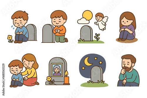 Emotional Journey Icons. Flat vector mini-illustrations emotions around death in colors children's illustrations: sadness,