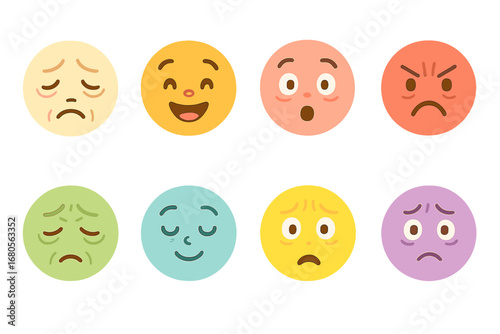 Emotional Wrinkles Grid. Flat vector mini-illustrations emotional wrinkles in colors children's illustrations: sad wrinkles, happy