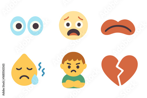 Emotive Children's Icons. Flat vector mini-illustrations curse emotions in colors children's illustrations: worried eyes, scared