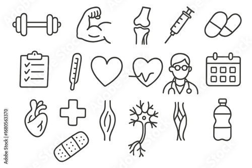Knee Health Icons. Hand-drawn doodle illustration knee muscle health dumbbell, muscle, knee joint, syringe, pill, clipboard,