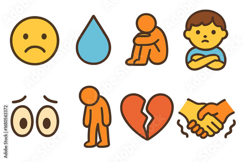 Emotions in Icons. Flat vector mini-illustrations isolation emotions in colors children's illustrations: sad face, tear drop,