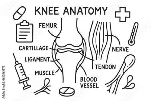 Knee Joint Diagram. Hand-drawn doodle illustration knee anatomy knee joint, femur, tibia, patella, cartilage, ligament, muscle,
