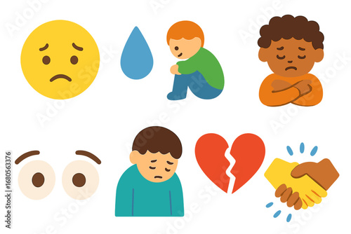 Emotions in Icons. Flat vector mini-illustrations isolation emotions in colors children's illustrations: sad face, tear drop,