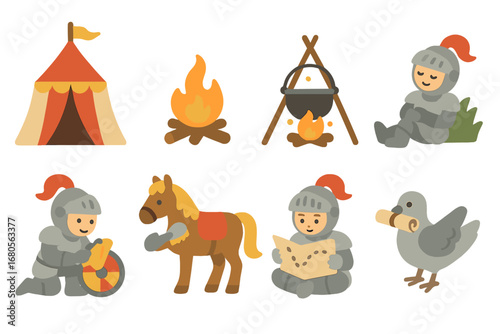 Knight's Daily Routine. Flat vector mini-illustrations knight daily life in colors children's illustrations: knight’s tent,