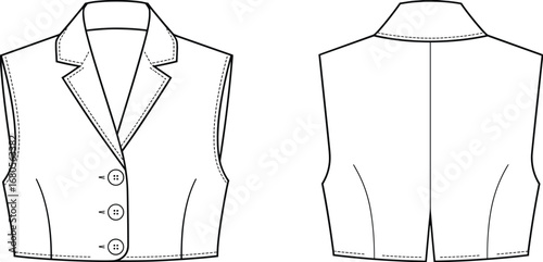 Women’s tailored vest flat sketch with notched lapel collar, princess seams, front and back views, technical fashion vector template for apparel design