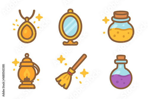 Enchanted Objects Grid. Flat vector mini-illustrations enchanted objects in colors children's illustrations: glowing amulet, magic