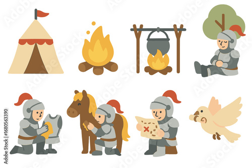 Knight's Daily Routine. Flat vector mini-illustrations knight daily life in colors children's illustrations: knight’s tent,