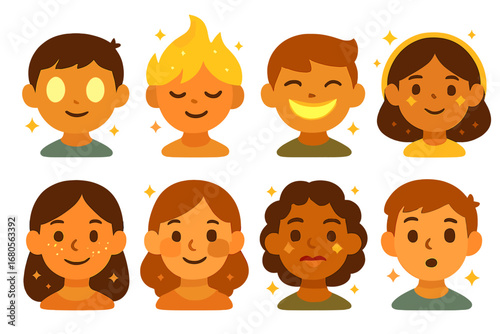 Enchanted Faces Grid. Flat vector mini-illustrations enchanted faces with glowing features in colors children's illustrations: