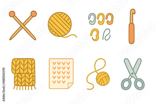 Knitting Tools Grid. Flat vector mini-illustrations knitting needles in colors children's illustrations: knitting needles, yarn