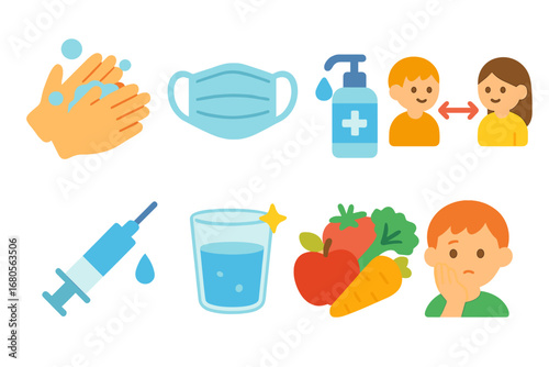 Epidemic Prevention Icons. Flat vector mini-illustrations epidemic prevention in colors children's illustrations: hand washing,
