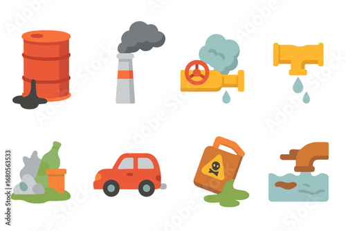 Environmental Hazards Icons. Flat vector mini-illustrations energy waste in colors children's illustrations: leaking oil barrel,