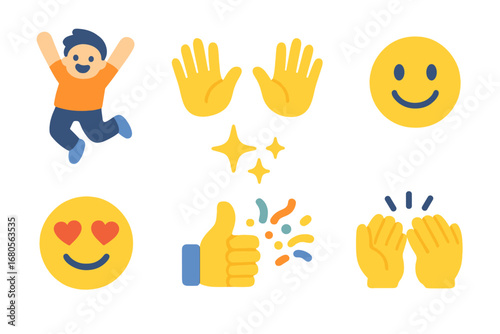 Excited Kids Icons. Flat vector mini-illustrations excitement and enthusiasm in colors children's illustrations: jumping figure,