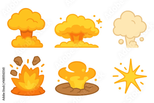 Explosive Icon Set. Flat vector mini-illustrations detonation in colors children's illustrations: explosion cloud, blast wave,