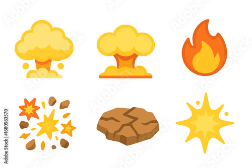 Explosive Icon Set. Flat vector mini-illustrations detonation in colors children's illustrations: explosion cloud, blast wave,