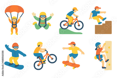Extreme Sports Icons. Flat vector mini-illustrations thrill extreme sports in colors children's illustrations: base jumping,