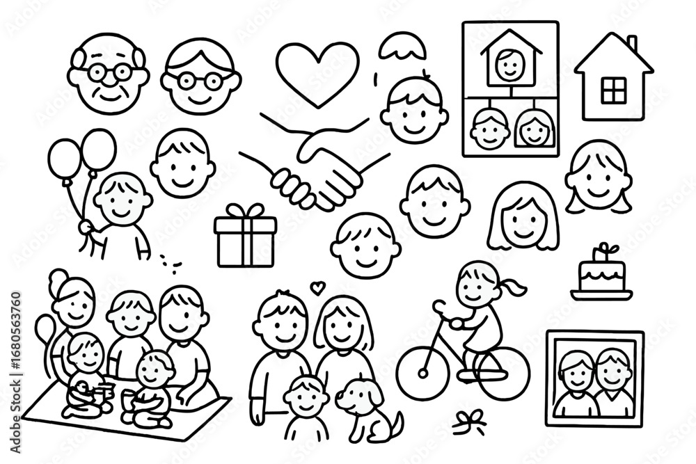 Obraz premium Family Doodle Celebration. Hand-drawn doodle illustration extended family connection handshake, heart symbol, family tree, house,