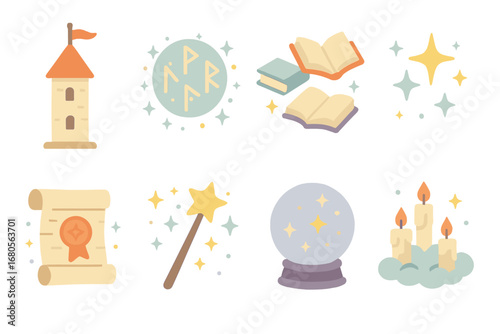 Magical Icons Grid. Flat vector mini-illustrations ivory tower and magic in colors children's illustrations: glowing runes,
