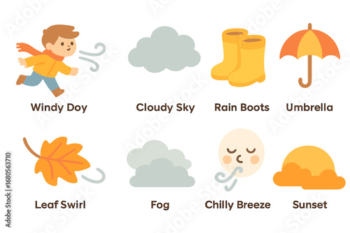 Fall Weather Icons. Flat vector mini-illustrations fall weather in colors children's illustrations: windy day, cloudy sky, rain