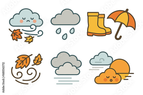 Fall Weather Icons. Flat vector mini-illustrations fall weather in colors children's illustrations: windy day, cloudy sky, rain