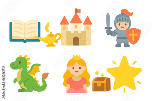 Fairy Tale Icons. Flat vector mini-illustrations fate and storytelling in colors children's illustrations: open book, magic lamp,