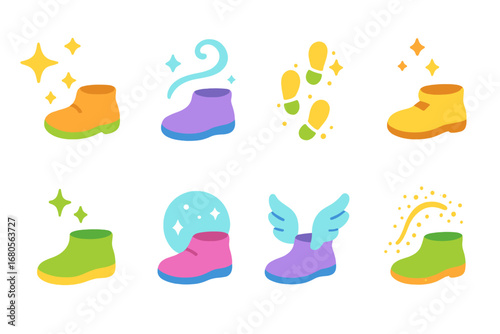 Magical Shoe Illustrations. Flat vector mini-illustrations fantasy shoe effects in colors children's illustrations: sparkling