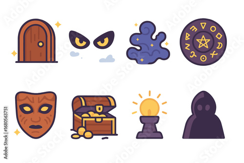 Magical Secrets Unveiled. Flat vector mini-illustrations magic and mystery in colors children's illustrations: secret door,