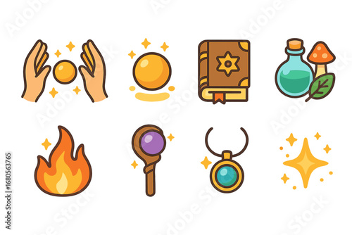 Magical Spell Icons. Flat vector mini-illustrations magical spells in colors children's illustrations: casting hands, glowing