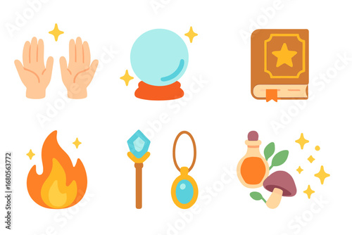 Magical Spell Icons. Flat vector mini-illustrations magical spells in colors children's illustrations: casting hands, glowing