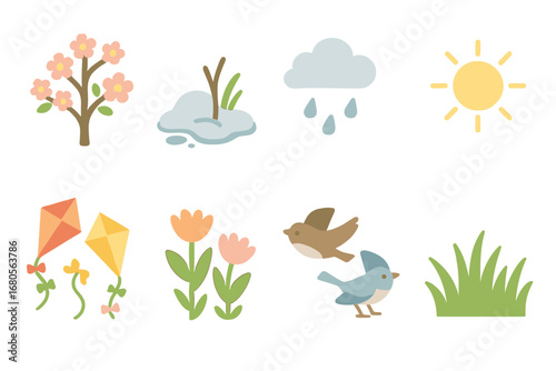 March Mini-Illustrations. Flat vector mini-illustrations seasonal march in colors children's illustrations: blooming trees,