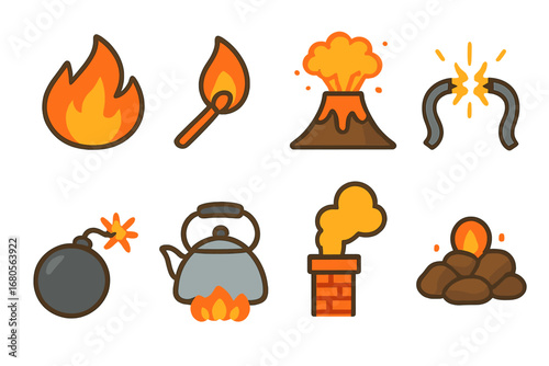 Fiery Icons for Kids. Flat vector mini-illustrations fiery anger in colors children's illustrations: blazing fire, burning match,