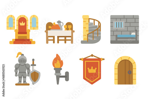 Medieval Children's Icons. Flat vector mini-illustrations castle interiors in colors children's illustrations: throne room,