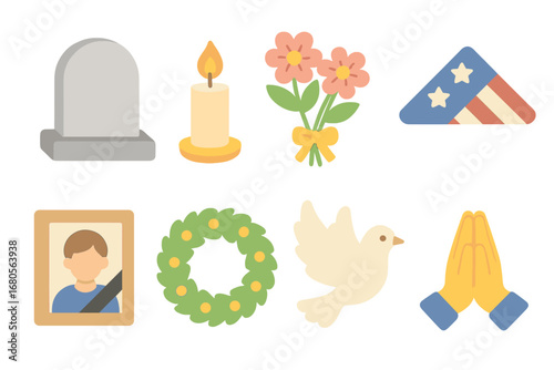 Memorial Icon Set. Flat vector mini-illustrations tragedy memorials in colors children's illustrations: memorial stone, candle