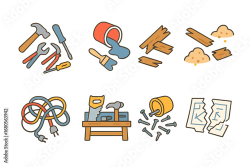Messy Workshop Icons. Flat vector mini-illustrations messy workshop in colors children's illustrations: scattered tools, spilled